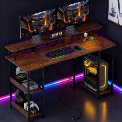 Rustic Brown Black Computer Desk with Charging Station RGB LED Lights - Image 1 of 4