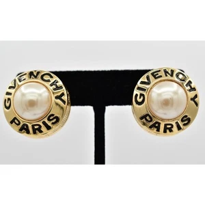 Givenchy Vintage Logo Clip On Ohrringe Perle Gold schwer klobig signiert 80er BinAZ - Bild 1 von 12