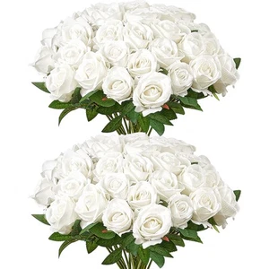 VEVOR 60Pcs White Roses Artificial Flowers Realistic Bouquet for Xmas Home Decor - Picture 1 of 12
