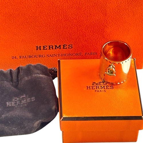 HERMÈS Hermes Cadena Lucchetto Sciarpa Anello Tono Oro Cilindrico con Scatola Sacchetto Polvere Shopper