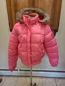 Ecko Red Hot Pink Puffer Coat Vintage Fur Hood Large - Bild 1 von 16