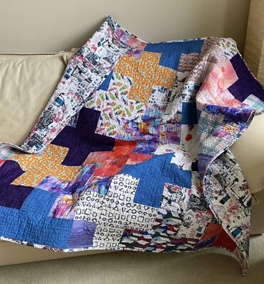 Edredón moderno PROTON 2 57”x 62” hecho a mano. Paleta brillante púrpura azul algodón Foto 1 de 4