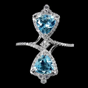 925 Anello Argento Sterling Trilliant Svizzero Blu Topazio 7mm Cz Gemma Gioielli - Foto 1 di 9