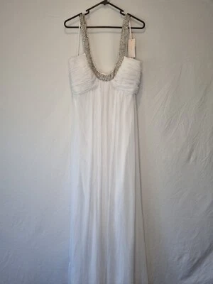 Imoda White Chiffon Ruched Beaded Scoop Neck Empire Wedding Dress Sz 14 — 第 1/4 张图片
