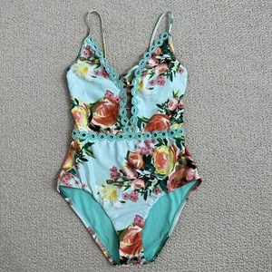 Becca Einteiler Badeanzug Damen M Blumen Rückenfrei Spitze Blau Romantisch Sexy Strand - Bild 1 von 8