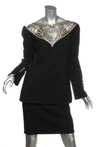 BOB MACKIE VINTAGE Black Beaded CRYSTAL Keyhole Sheer Blouse+Skirt Set Suit S XS - Picture 1 of 7