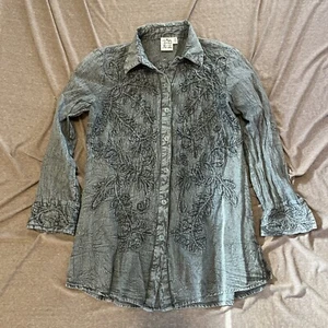 Parsley & Sage Womens Boho Embroidered Denim Cottagecore Button Up Shirt Size S - Picture 1 of 8