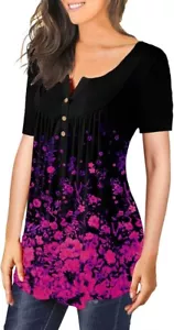 GSFANG Womens Floral Tunic Tops Casual Summer Short Sleeve Henley V-Neck Buttons - Picture 1 of 3