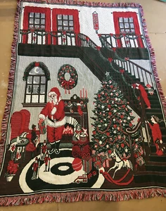 Vintage Christmas Tapestry Throw Wall Hanging Fringes Santa Xmas Tree 67" X 47" - Picture 1 of 5