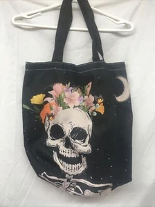 Halloween Bag Tote Spooky Skull Head and Roses Reusable Large Sz Handles - Picture 1 of 7