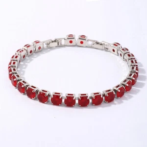 New 6mm Xmas Party Jewelry Round Red Jade Gems Charm Women Girls Silver Bracelet - Picture 1 of 6