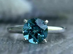 1.50 Ct Blue Round Diamond Engagement Lab Created Ring 14k White Gold Finish - Picture 1 of 7