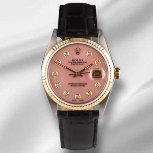 Rolex Datejust 36mm Yellow Gold Fluted Pink Mop Diamond Dial Leather Band Watch - Picture 1 of 11