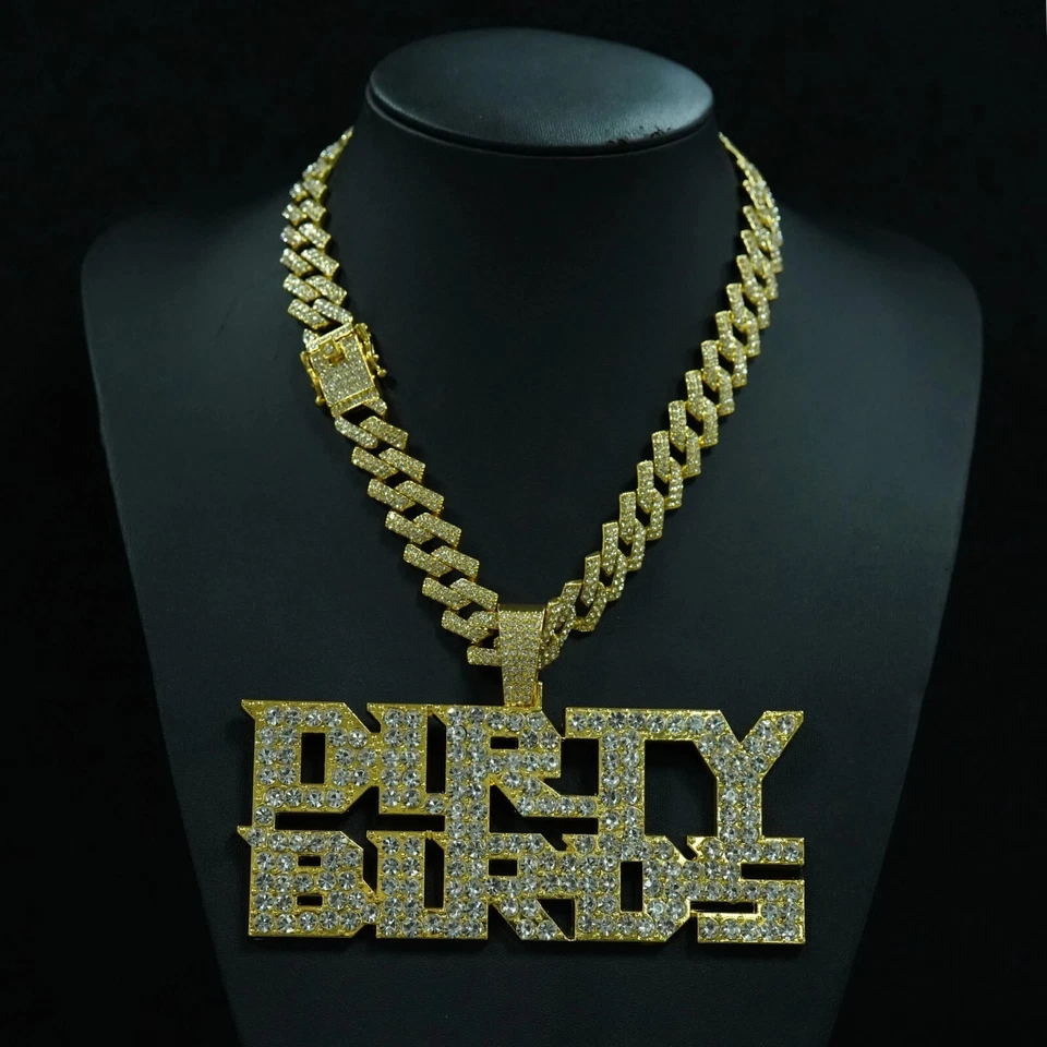 HipHop Iced DIRTY BIRDS Letter Pendant Necklace Crystal CZ Chain Fashion Jewelry - Image 1 of 4