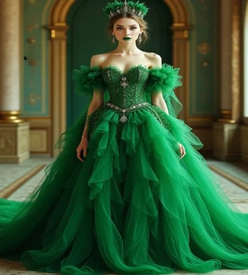Mysterious Green Victorian Wedding Dresses Sweetheart Ruffles Medieval Tulle - Image 1 of 4