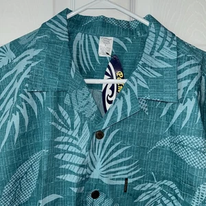 Palmwave Hawaiian Beach shirt L Palm Leaves Logo 100% Cotton Veregated Turquoise - Picture 1 of 7