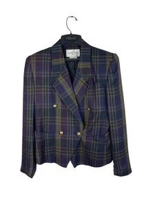 Vintage 90er Karo Blazer Damen 6 Freizeit Ecken Goldknöpfe Zweireiher Preppy - Bild 1 von 9