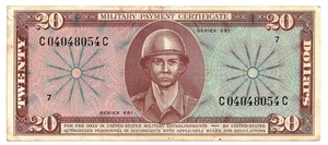 Vietnam Military Payment Certificate 20 Dollars Series 681 Serial # C 04048054 C - Picture 1 of 2