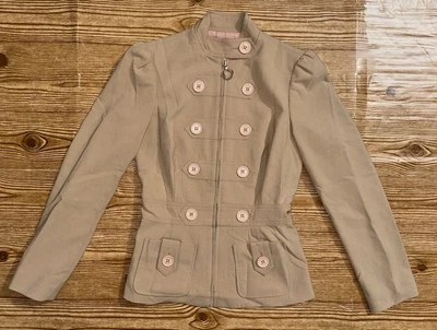 Bebe Vtg Beige Full Zip Military Inspired Mandarin Collar Blazer Jacket Size 2 - Image 1 of 4