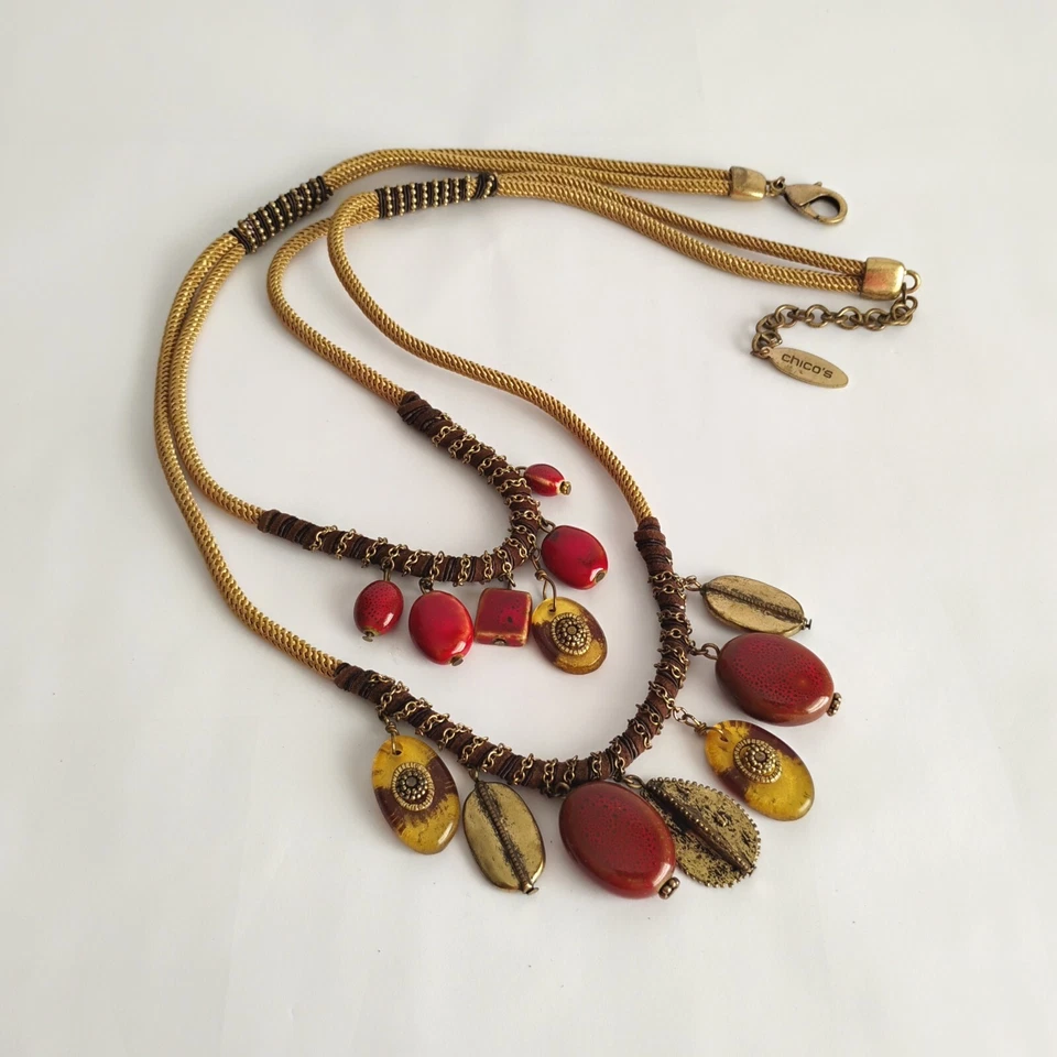 Chico's Long Ceramic Charm Bead Necklace with Beige Woven Cord Double Strand 42" - Image 1 of 4