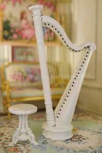 1:12 Scale White Miniature Harp with Stool - Dollhouse Musical Furniture - Picture 1 of 5
