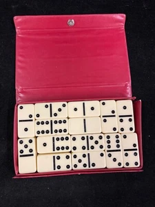 VINTAGE DOMINOES BY PAVILION 28PC. DOUBLE 6 RED VINYL CASE - Picture 1 of 6
