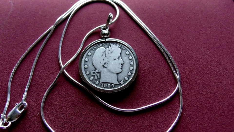 Colgante de cuarto de plata de barbero de 22" cadena serpiente italiana de plata esterlina .925 1909 Foto 1 de 2