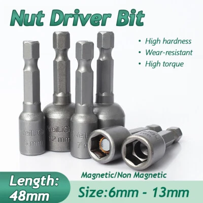 6 -13mm 1/4" Nut Driver Bit Set Hex Magnetic Metric Socket Impact Drill L48mm - Image 1 of 4