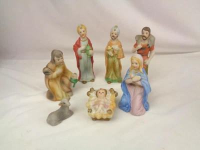 Vintage Porcelain Bisque 6.5" Nativity- Wisemen (3) Mary, Shepherd, Sheep, Jesus - Image 1 of 4
