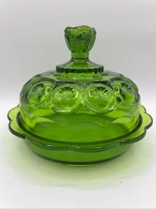 L E Smith Green Glass Moon And Stars Round Covered Butter/cheese Dish - Picture 1 of 9
