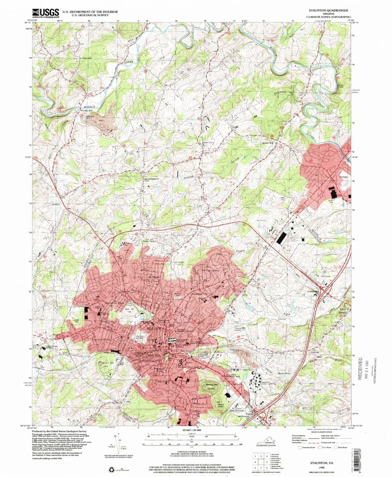 Staunton, VA, Topographic Map, 1998, USGS – Premium Matte Print – Historic VA - Image 1 of 1