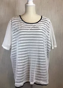 ALFRED DUNNER 3X PLUS Striped TOP MESH Overlay Short Sleeve Black&White Sporty - Picture 1 of 12