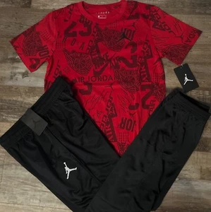 NWT Nike Air Jordan Boys YLG Red/Gray/Black All Over Print Pants Set Large - Picture 1 of 5