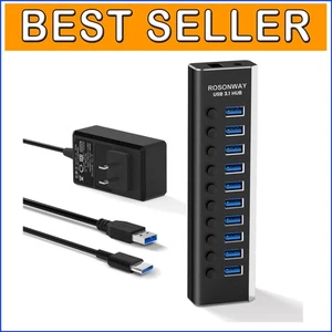 High-Speed Powered USB Hub - 10 Ports, 36W Adapter, Plug & Play Convenience - Picture 1 of 9