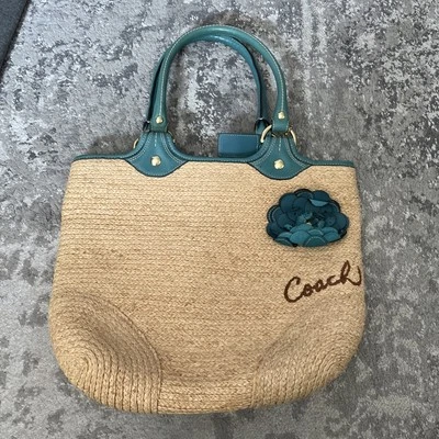 Coach F13373 Bleeker Natural Straw Beach Tote Handbag 3D Leather Flower  - Image 1 of 4