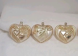 3 VTG West Germany Gold Glittery Heart Blown Glass Christmas Ornaments 4" - Picture 1 of 5