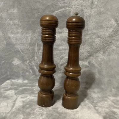 Vintage Wooden Pepper Mill Salt Shaker Set 11" Brown Taiwan Republic of China - Image 1 of 4