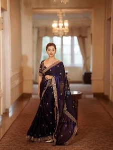 Indian Pakistan Bollywood Replica Sequenced Saree Wedding Party Wear Sari Blouse - Picture 1 of 5