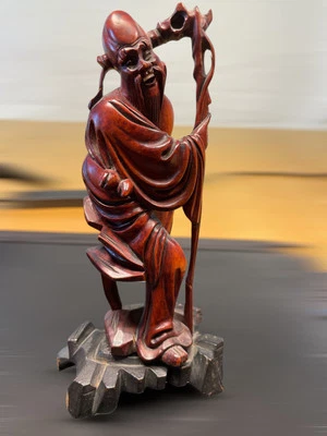 ANTIGUA FIGURA CHINA DIOS DE LA LONGEVIDAD SHOU XING TALLADA A MANO PALO DE ROSA 6" Foto 1 de 4