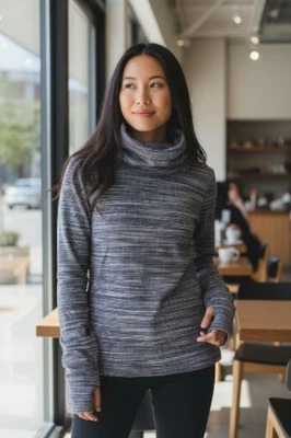 Lululemon Cowl Neck Pullover Women’s 4 Heather Gray Purple Striped Thumbholes - Image 1 of 4