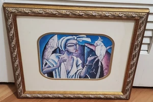 LaShun Beal gerahmte Frau & Vogel abstrakte Wandkunst ~ 16 1/4" x 14 - Bild 1 von 8