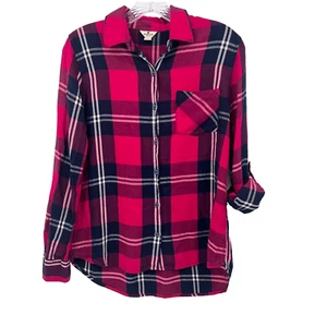 WOOLRICH Women's Sz S Red Plaid Button-Up Roll-Tab Sleeve Rayon Shirt Blouse Top - Picture 1 of 7