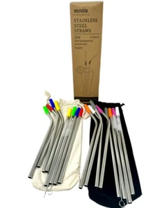 16 Pack Reusable Stainless Steel Straws with Silicone Tips Metal Drinking Straws - Picture 1 of 3