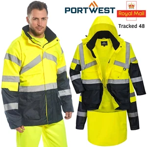 PORTWEST Hi-Vis Kontrast Regenjacke wasserdicht atmungsaktiv Kapuze Sicherheitsmantel UK - Bild 1 von 9