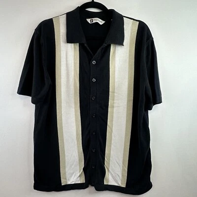 Bachrach Sweater Shirt Men's Large Black Striped Bowling Collared Knit Polo 90s - Image 1 of 4