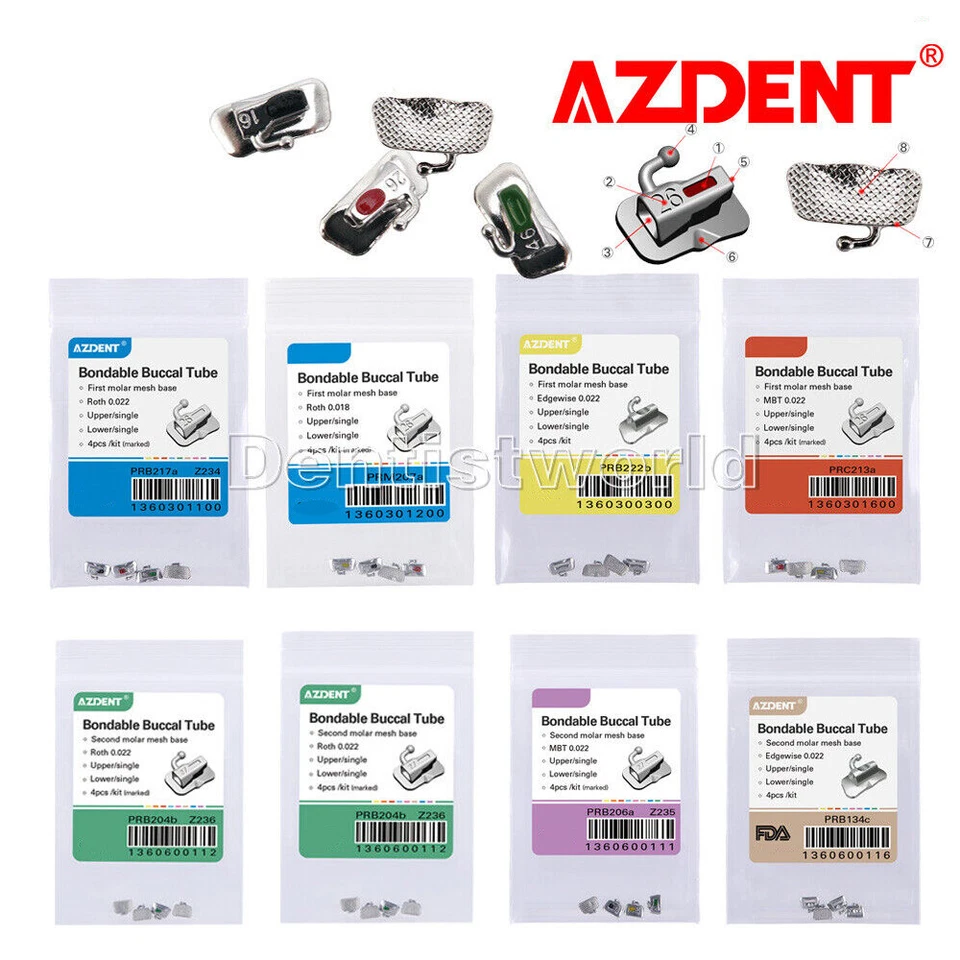 AZDENT Dental Orthodontic Buccal Tubes 1st/ 2nd Molar Bondable Roth MBT 018 022