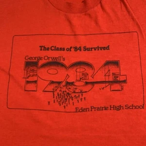 VTG 80s George Orwell 1984 Class Survived T-Shirt Large Eden Praire HS - Picture 1 of 13