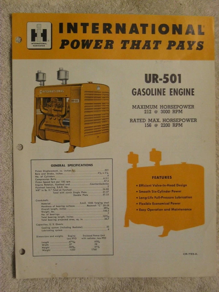1950's IH INTERNATIONAL HARVESTER UR-501 STATIONARY GAS ENGINE BROCHURE - Image 1 of 1