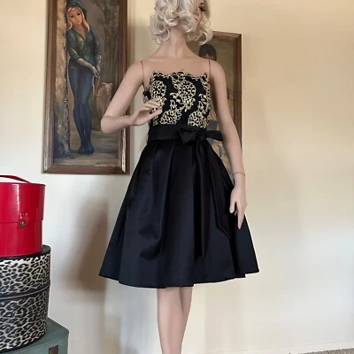 Vintage 1980s Black and Gold Strapless Lace & Satin Party Dress L - Image 1 of 4