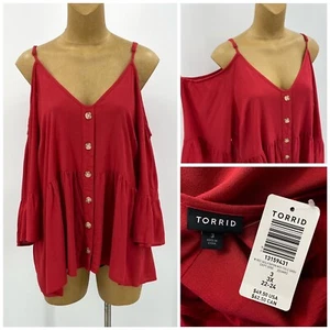 $49 New! TORRID 3 3X Red Cold Shoulder Blouse Spaghetti Straps 3/4 Sleeve Top - Picture 1 of 10